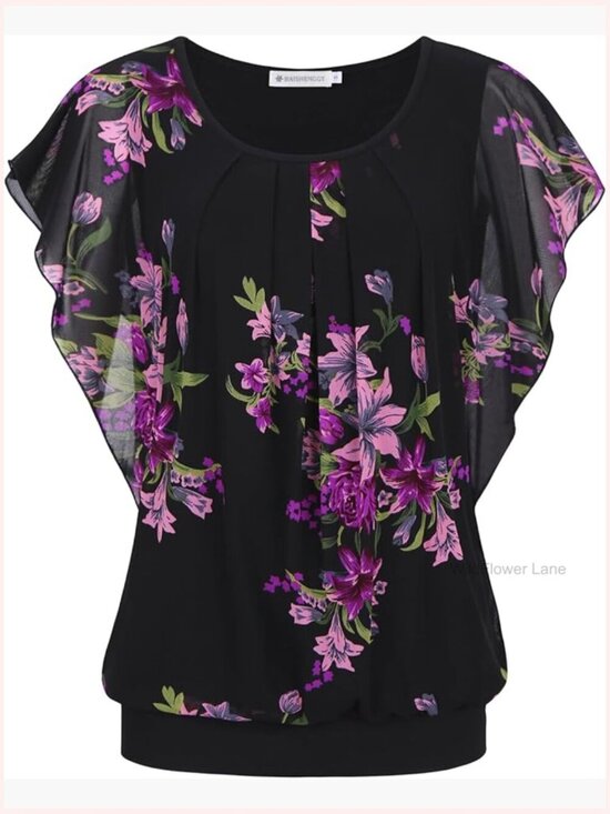 Tops - Flutter Short Sleeve Pleated Front Blouse Dressy Casual
